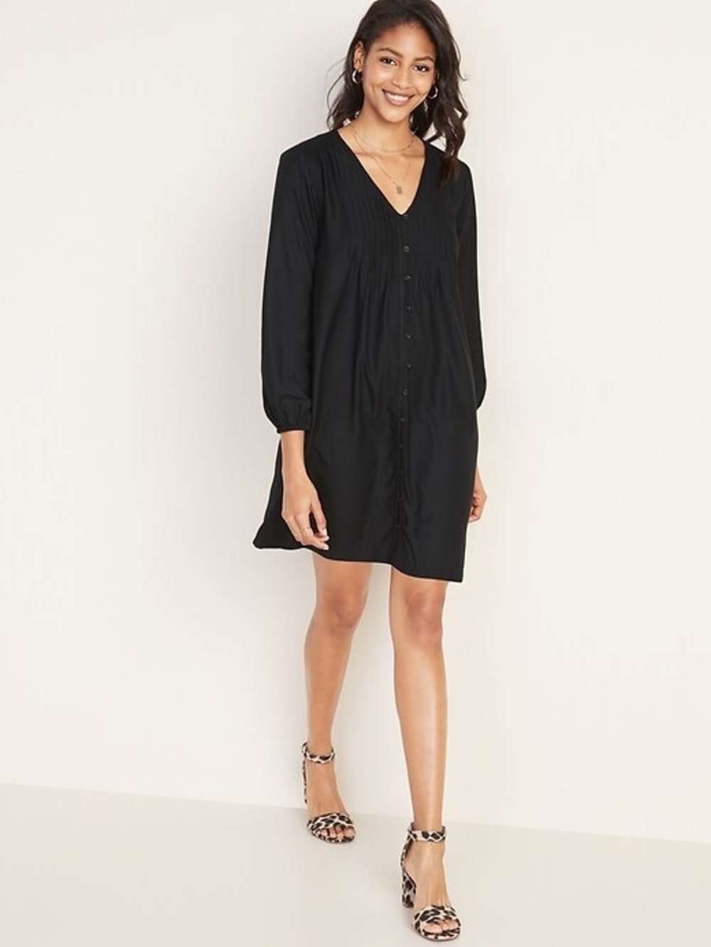 Old Navy Black Pintucked Button-Front Long Sleeve Swing Dress - Size XXL